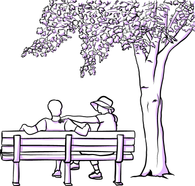 A couple sitting on a bench under a tree