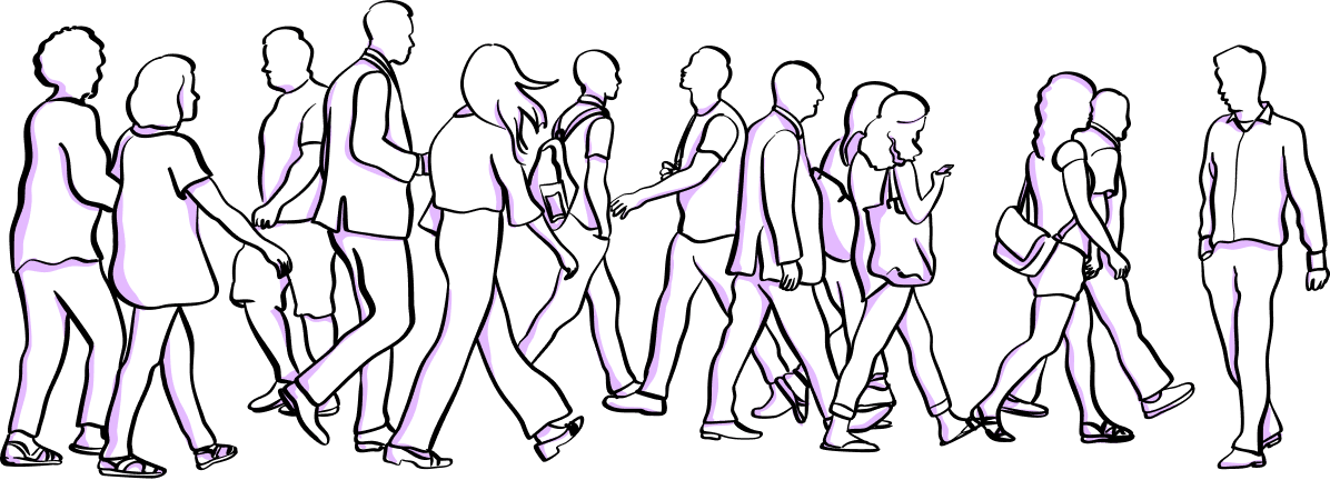 Illustration of a group of people walking around exhibiting behavior