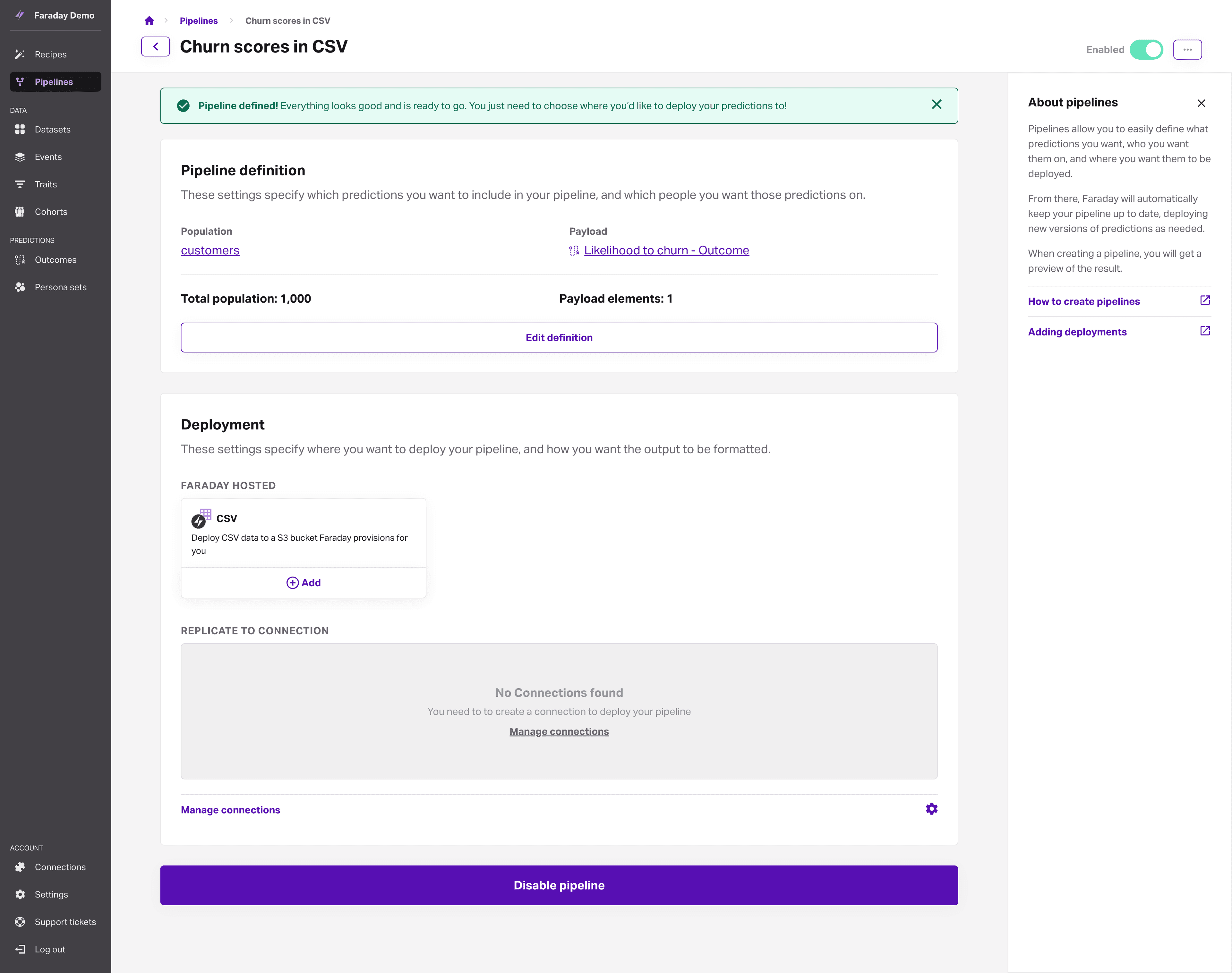 Screenshot of Faraday showing pipeline detail view, no targets