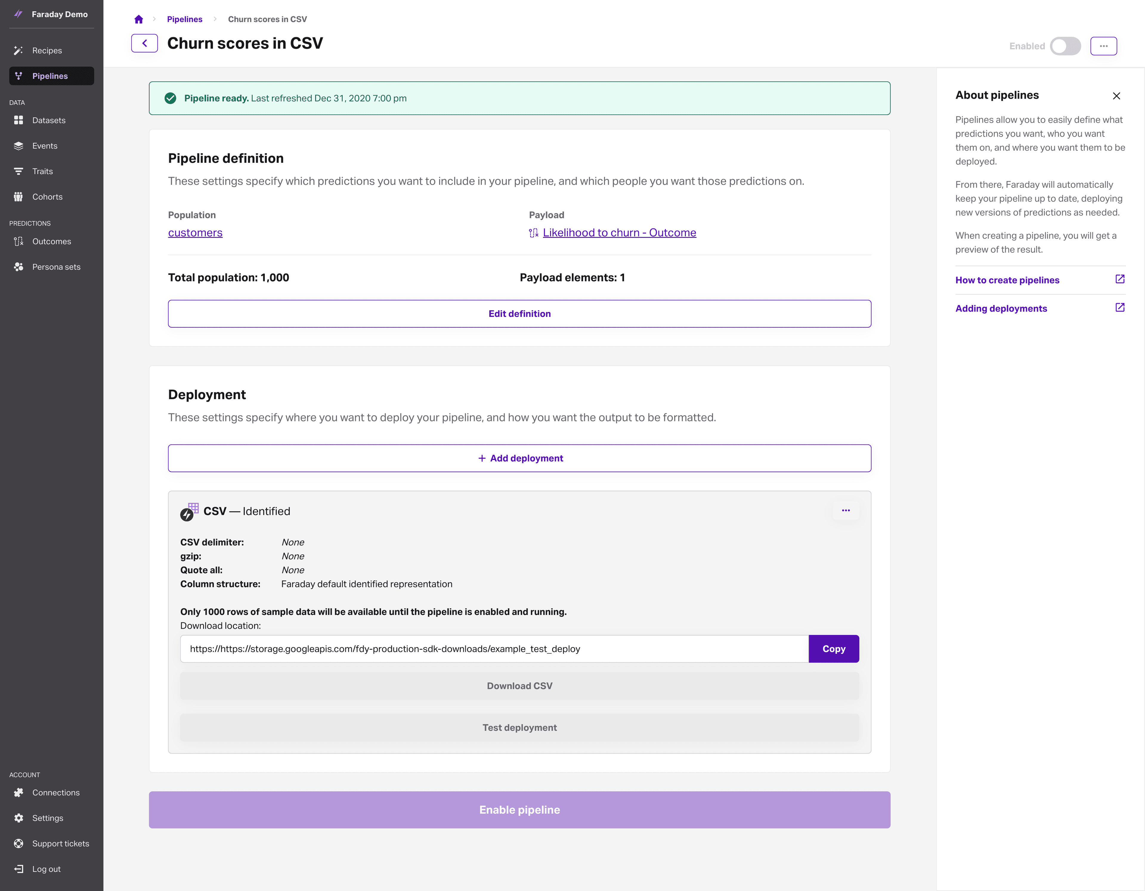Screenshot of Faraday showing pipeline detail view after target test