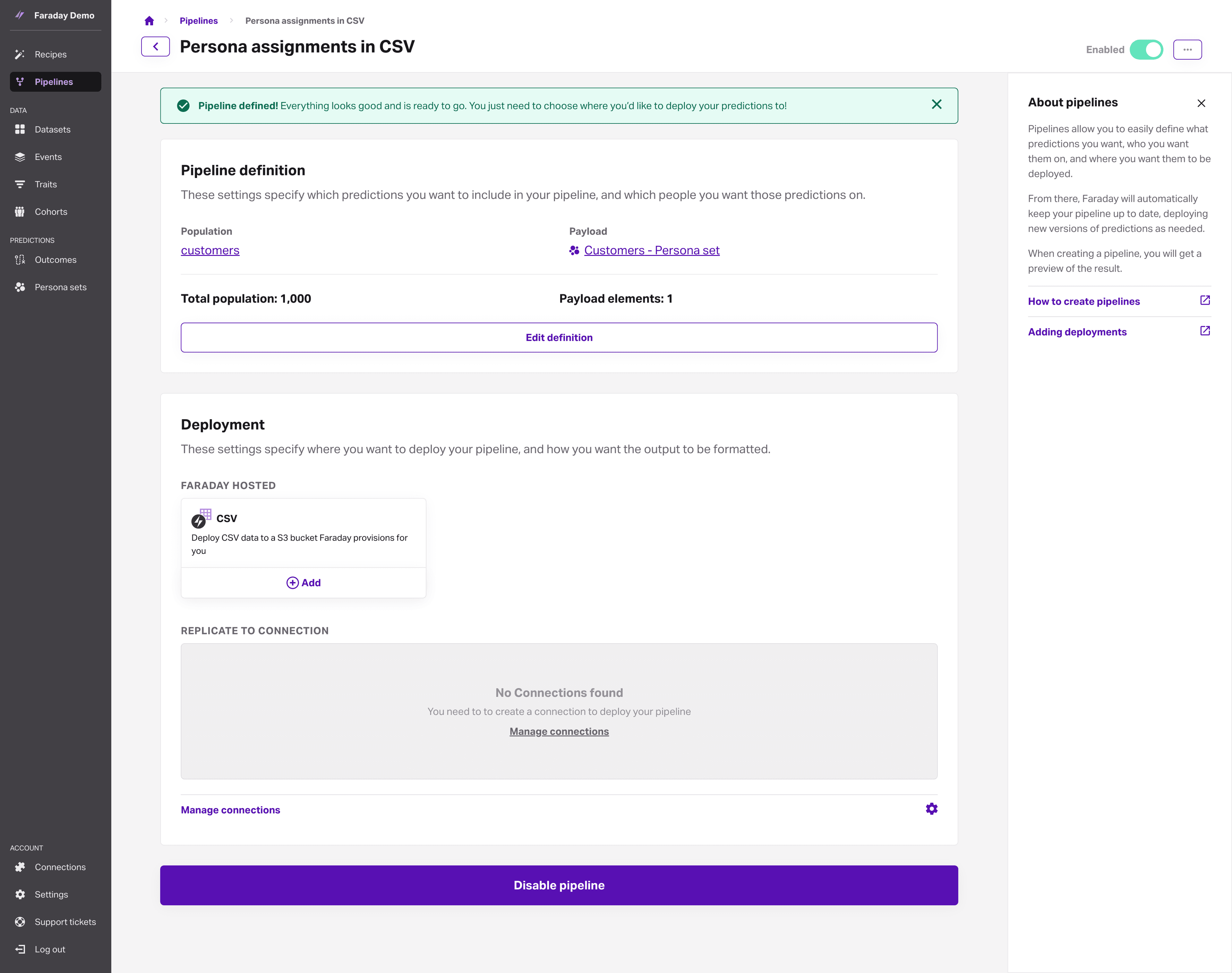 Screenshot of Faraday showing pipeline detail view, no targets