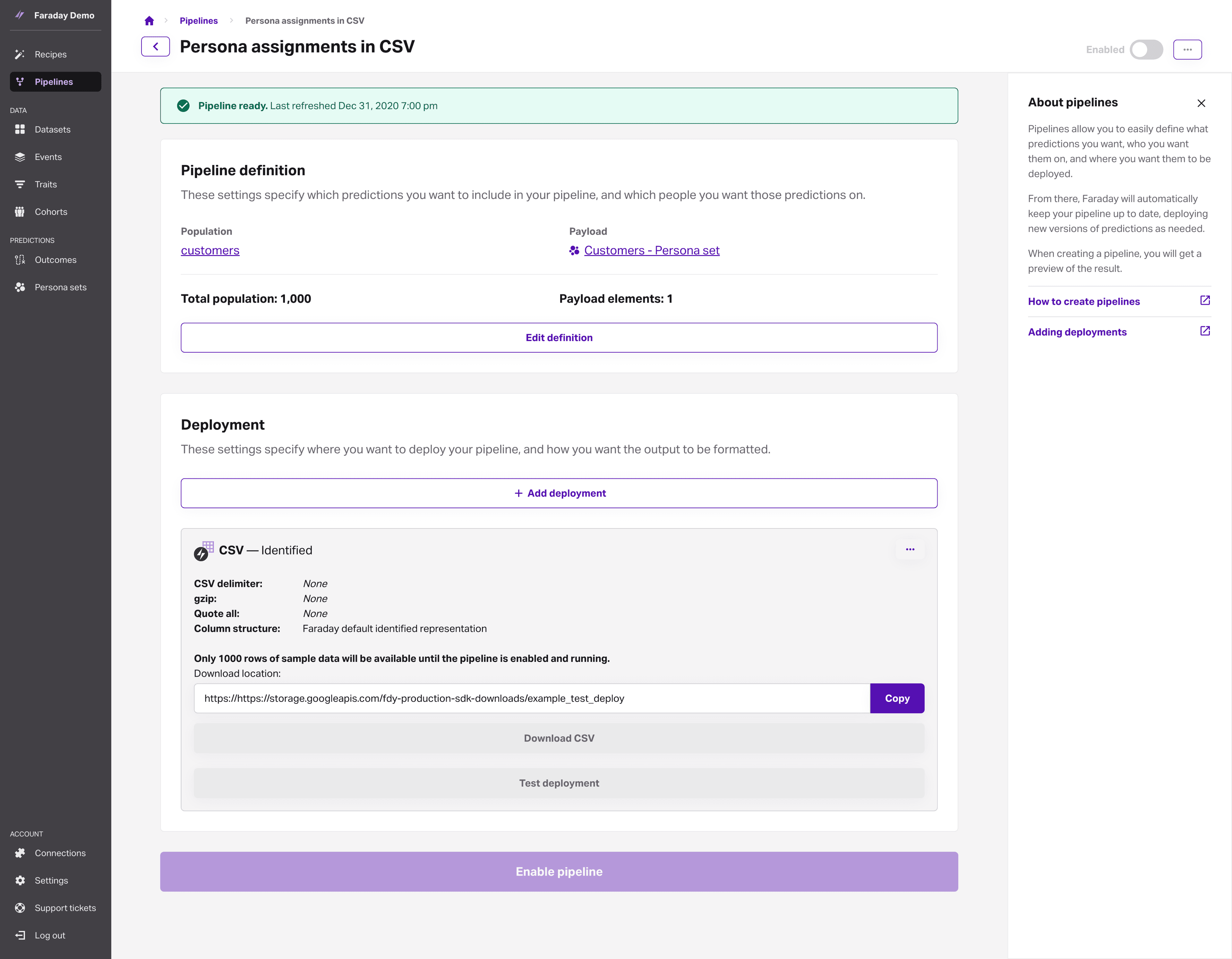 Screenshot of Faraday showing pipeline detail view after target test