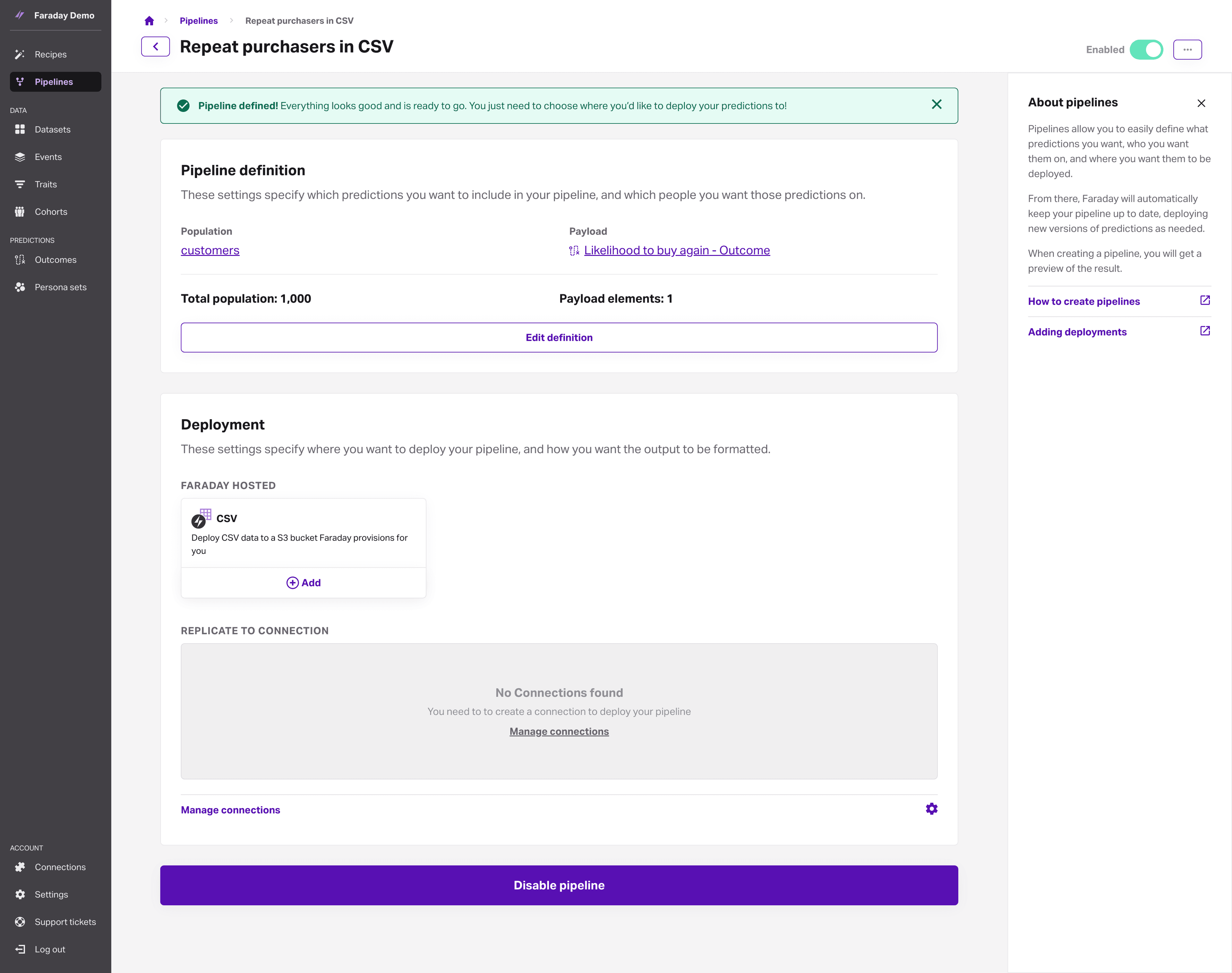 Screenshot of Faraday showing pipeline detail view, no targets