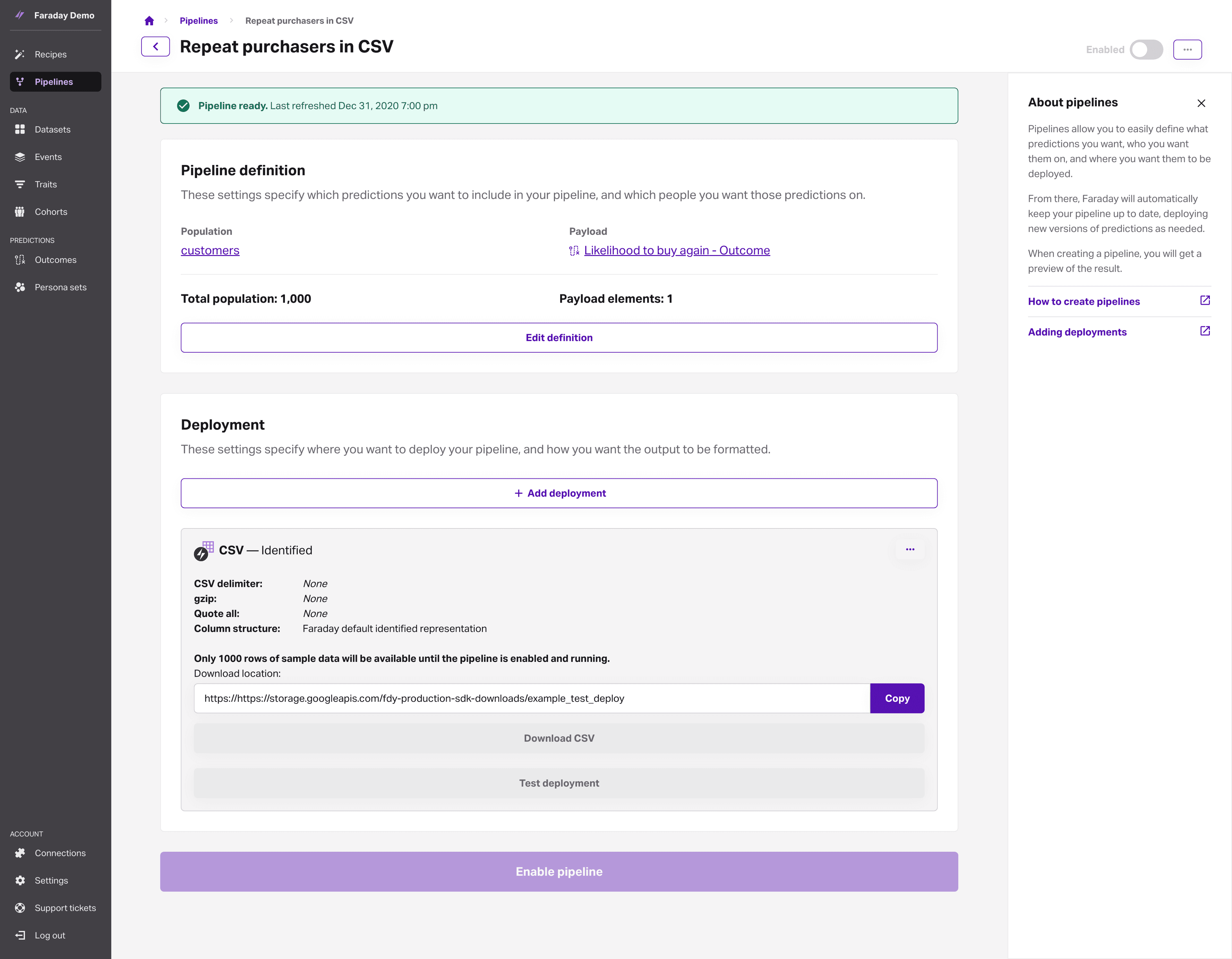 Screenshot of Faraday showing pipeline detail view after target test